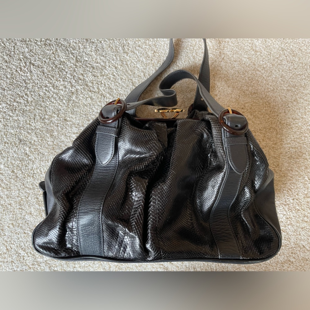 Vintage Marc Jacobs Black and Dark Green Python Leather Stam Satchel